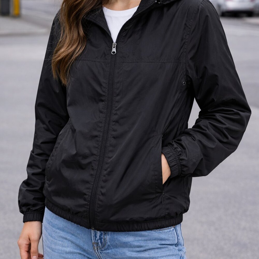 O’Neill Black Hooded Windbreaker Jacket Size L Women Lightweight Zip Up Coat